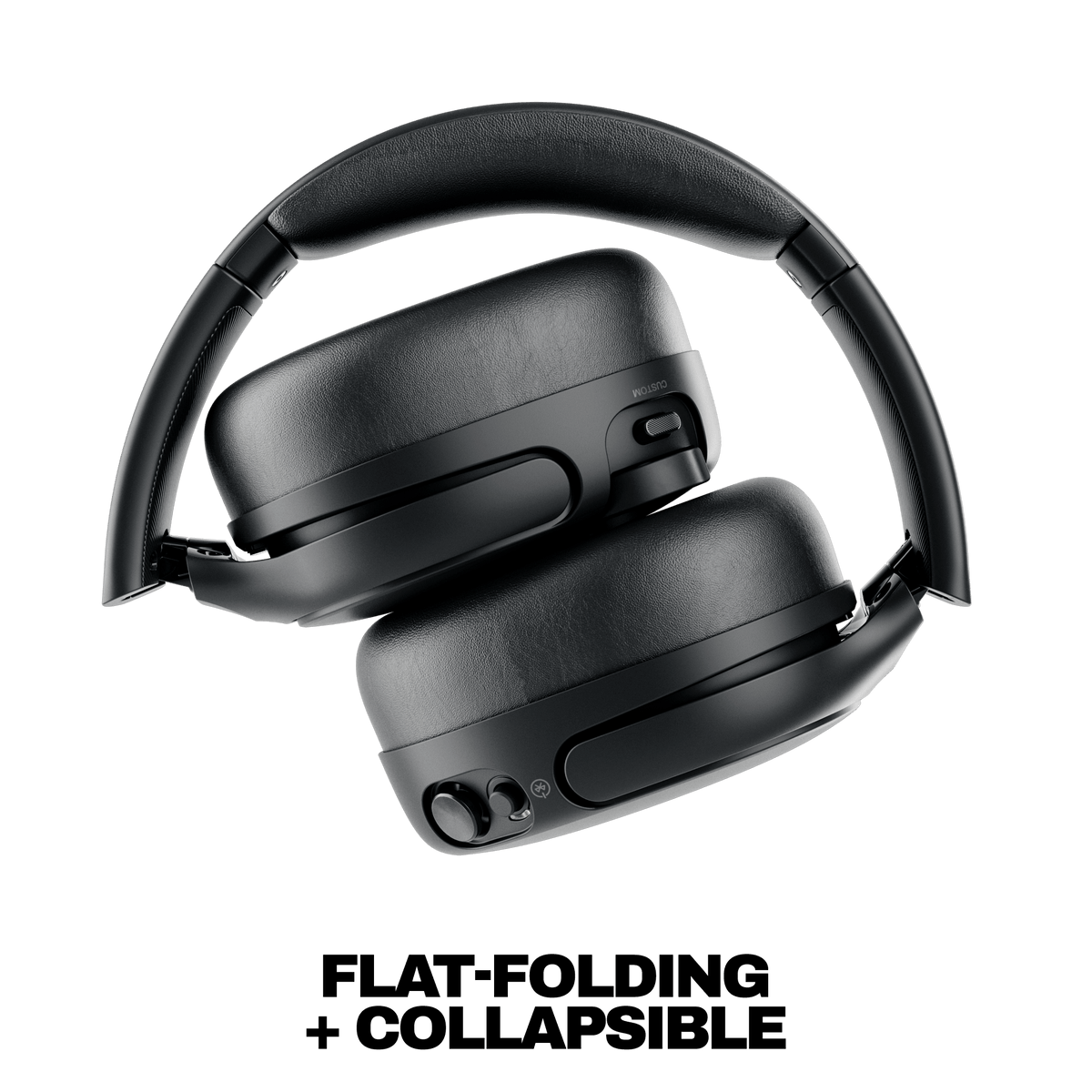 True Black | Black over-ear headphones shown on a white background with the text 'FLAT-FOLDING + COLLAPSIBLE' below.