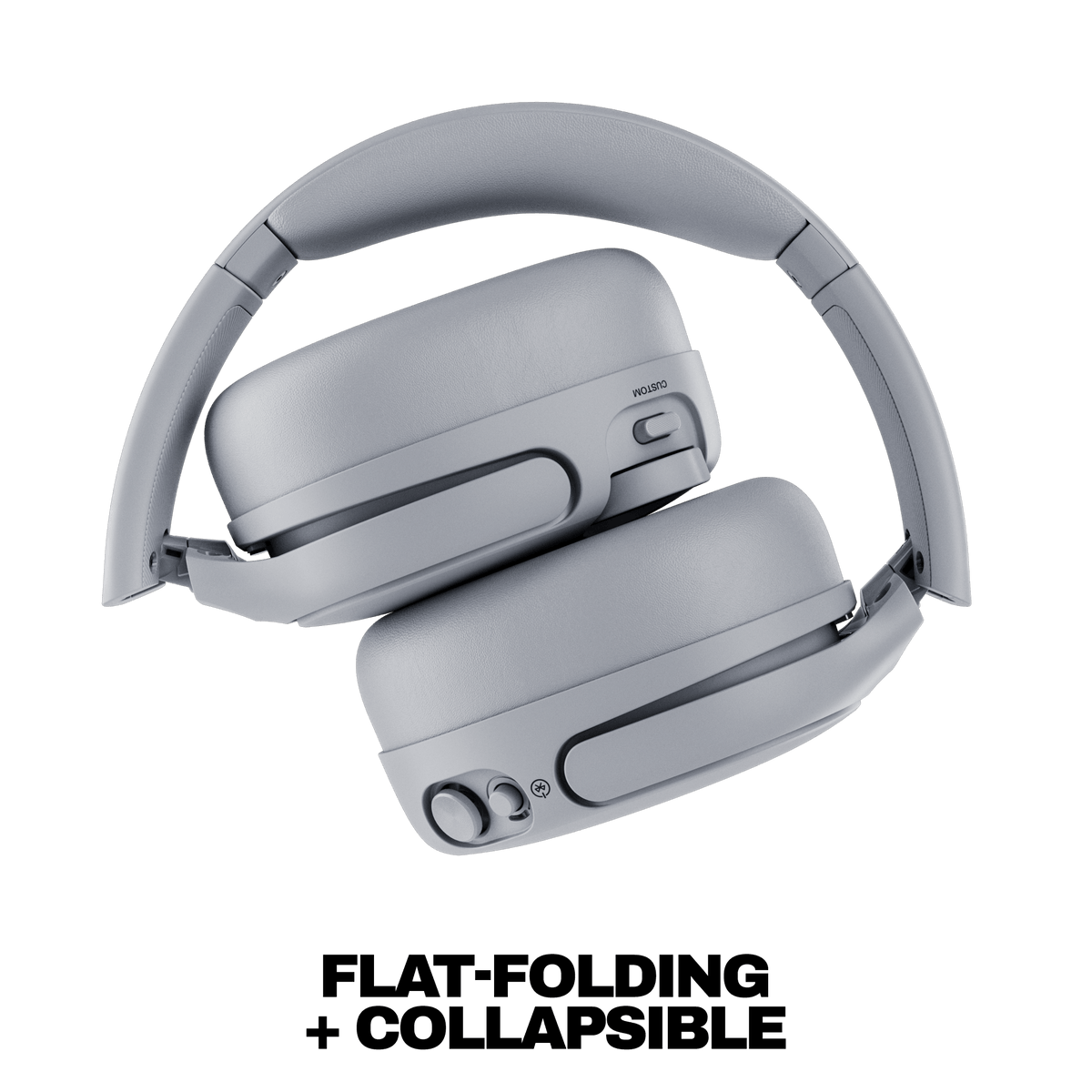 Cement | Light gray, Cement color, Crusher 720 over-ear headphones shown on a white background with the text 'FLAT-FOLDING + COLLAPSIBLE' below.