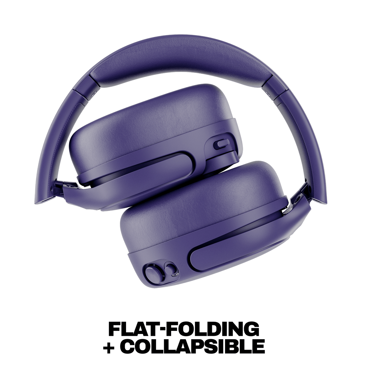 Future | A pair of over-ear headphones in a matte dark purple color, shown from an angled top-down view on a white background with the text 'FLAT-FOLDING + COLLAPSIBLE' below.