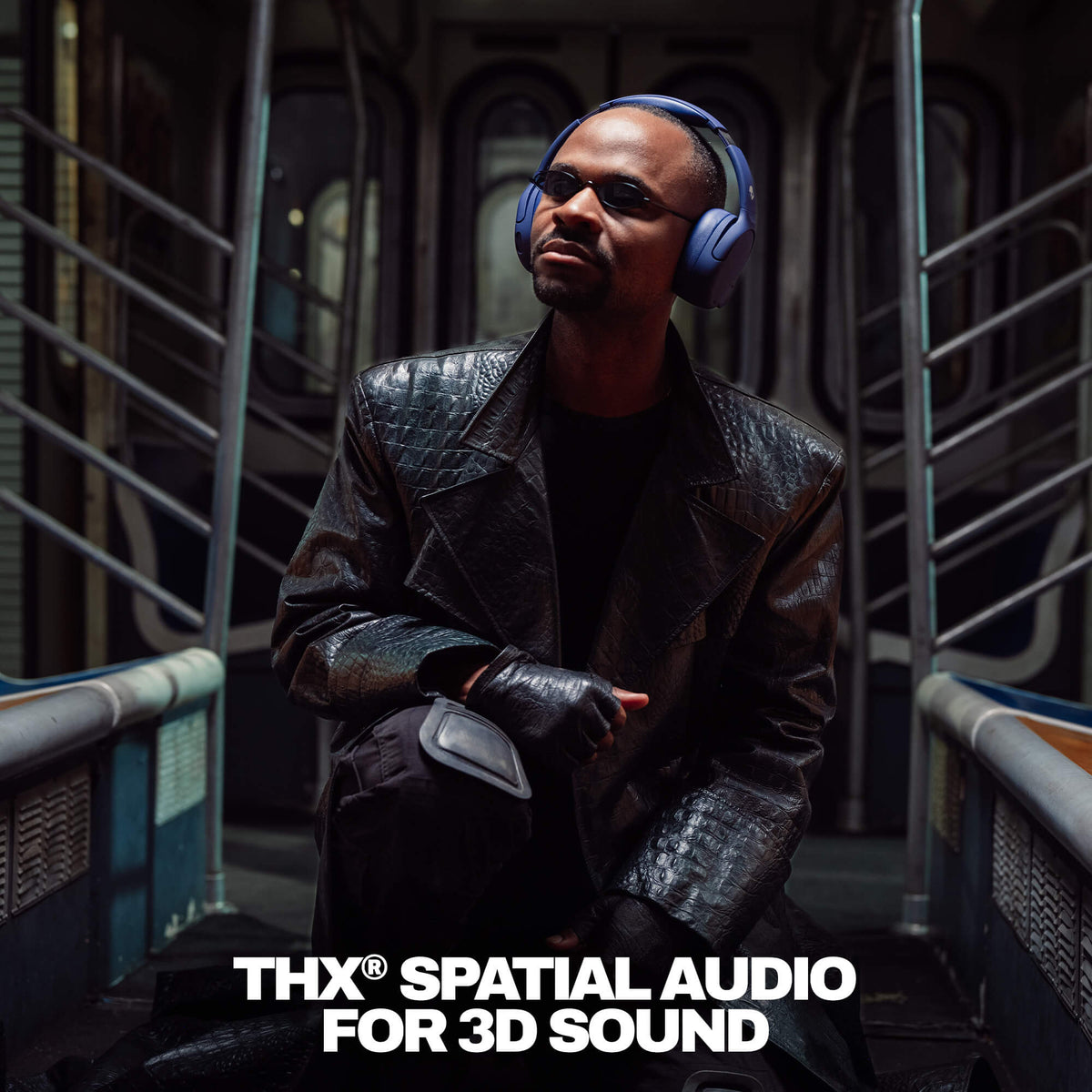 Future | Person wearing Crusher 720 headphones and a dark coat in a futuristic setting with 'THX Spatial Audio' branding.