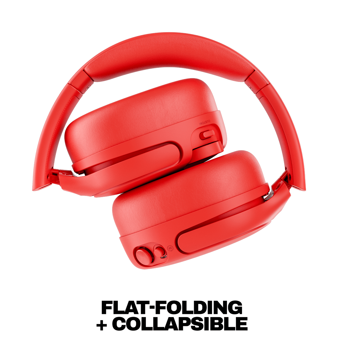 Plasma | Red Crusher 720 over-ear wireless headphones shown on a white background with the text 'FLAT-FOLDING + COLLAPSIBLE' below.