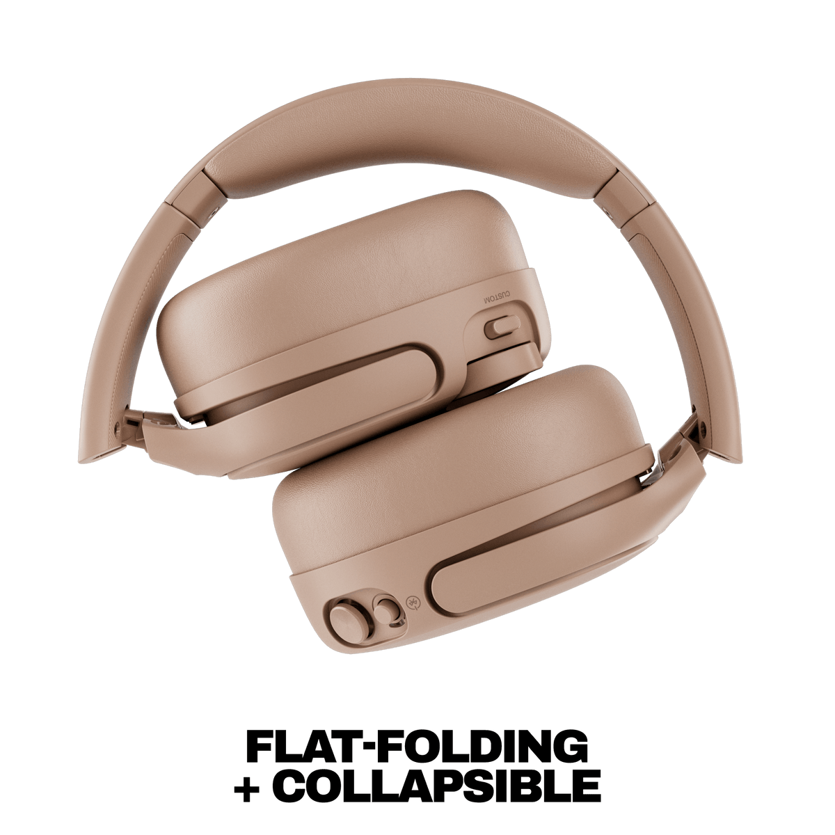 Primer | Beige, or Primer color, Crusher 720 over-ear headphones shown on a white background with the text 'FLAT-FOLDING + COLLAPSIBLE' below.